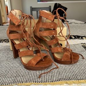 Cognac suede lace up Michael Kors heels